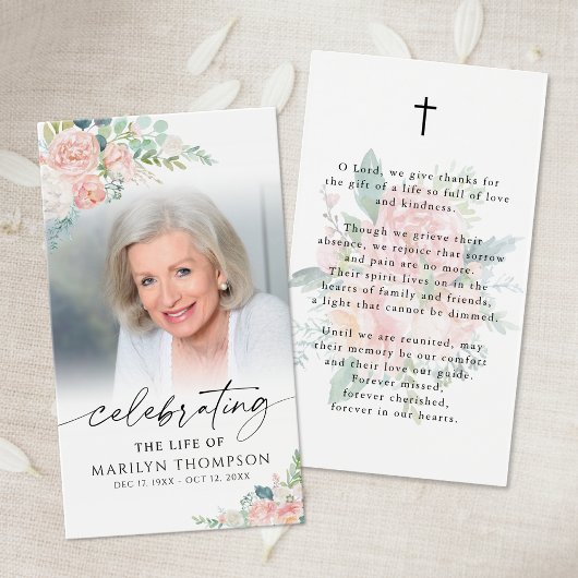 Sympathy Modern Pink Floral Cross Prayer Card
