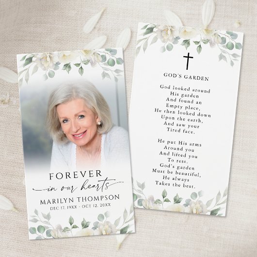 Sympathy White Floral Photo Cross Poem Prayer Card