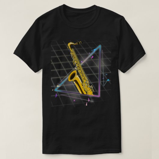 Synthwave 90sサクソポニストジャズミュージシャンサクソフォン tシャツ (デザイン正面)