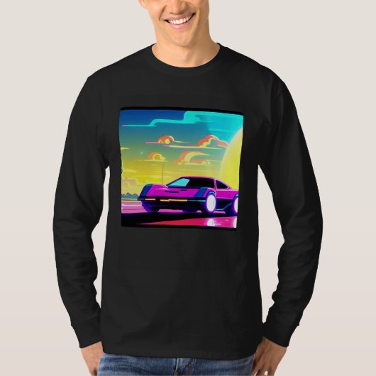 Synthwave car outrun retrowave futuresynth sci fi tシャツ (正面)