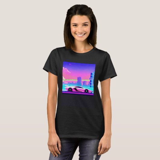 Synthwave car outrun retrowave futuresynth sci fi  tシャツ (正面フル)