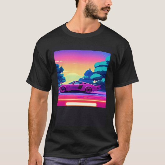 Synthwave car outrun retrowave futuresynth sci fi  tシャツ (正面)