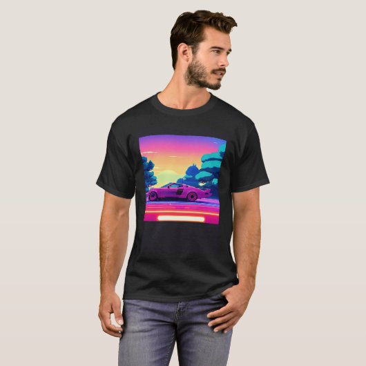 Synthwave car outrun retrowave futuresynth sci fi tシャツ (正面フル)