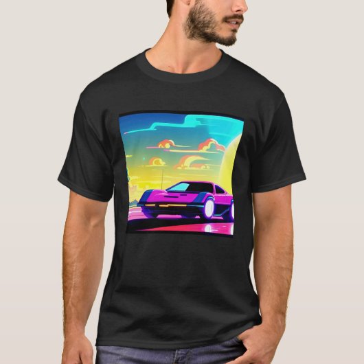 Synthwave car outrun retrowave futuresynth sci fi tシャツ (正面)