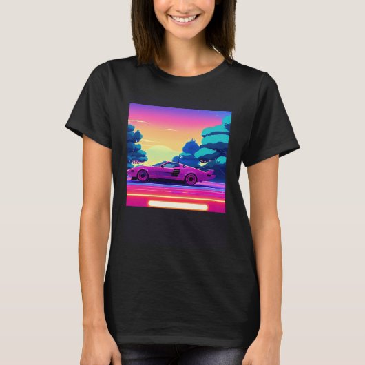 Synthwave car outrun retrowave futuresynth sci fi  tシャツ (正面)