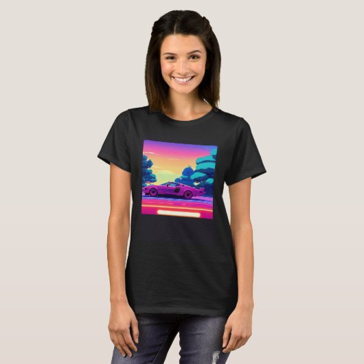 Synthwave car outrun retrowave futuresynth sci fi  tシャツ (正面フル)