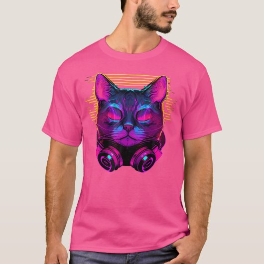 Synthwave Cyberdelic 80S Cat DjヘッドフォンCyber A Tシャツ (正面)