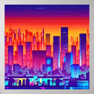 Synthwave/Cyberpunk City at Sunset ポスター