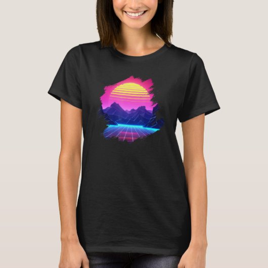 Synthwave Landscape Sunset Over Canyon & Grid Moun Tシャツ (正面)