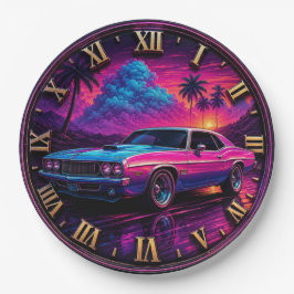 Synthwave Muscle Car Retro Sunset Neon Car ペーパープレート