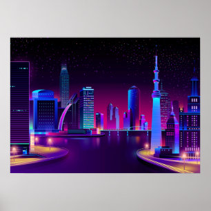 Synthwave Neon City ⛔ Vector art ポスター