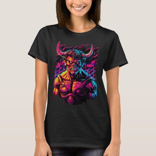 Synthwave Retrowave Minotaur Colorful Creature Gra Tシャツ (正面)
