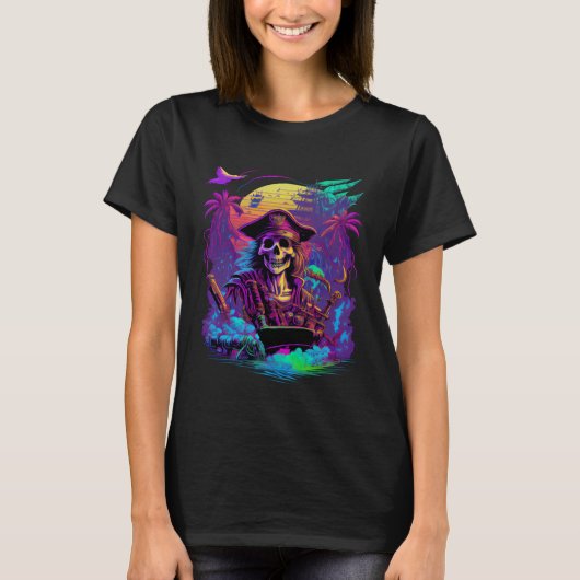 Synthwave Retrowave Pirate Skull Colorful Sunset G Tシャツ (正面)