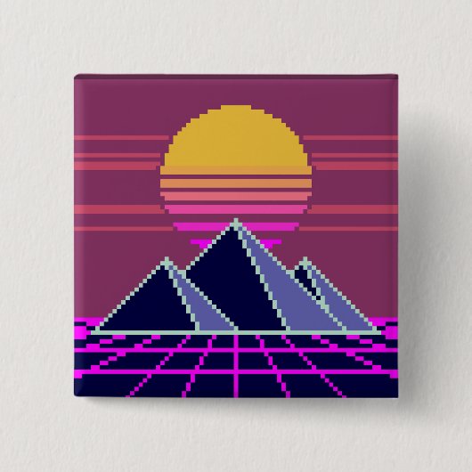 Synthwave sunset over pyramids pixel art Button 缶バッジ (正面)