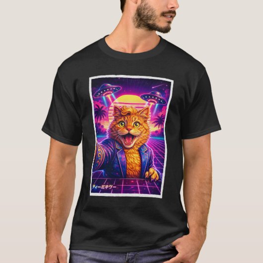 Synthwave UFO Cat Portrait 80s Retro Futuristic Tシャツ (正面)