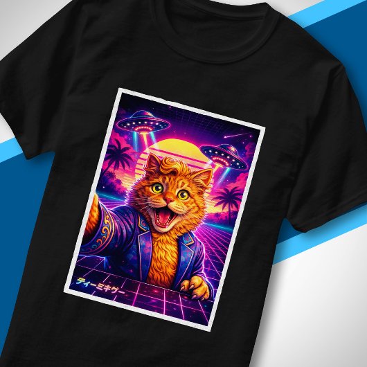 Synthwave UFO Cat Portrait 80s Retro Futuristic Tシャツ