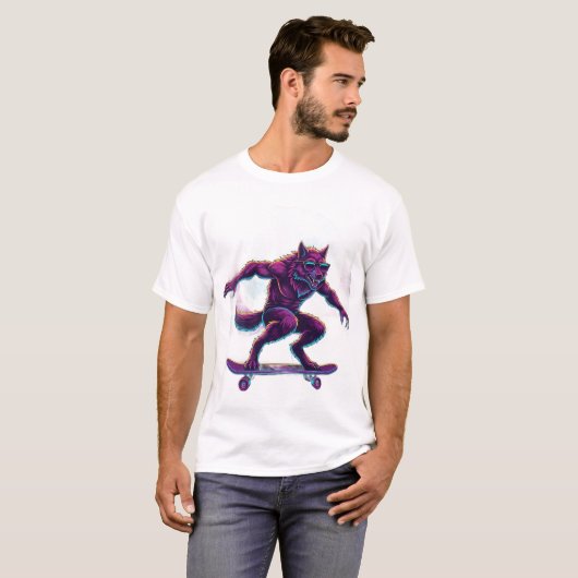 Synthwave Werewolf Skateboarder Tシャツ (正面フル)