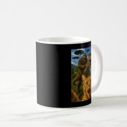 Tおもしろいレックスに乗ったビッグフット猫のグラフィック猫セルフィー コーヒーマグカップ (正面右)