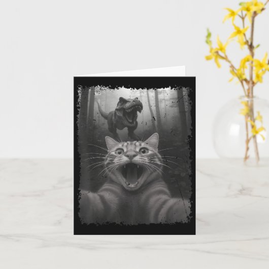 Tおもしろい-レックス恐竜黒とWhiの猫の自撮り カード (黄色い花)