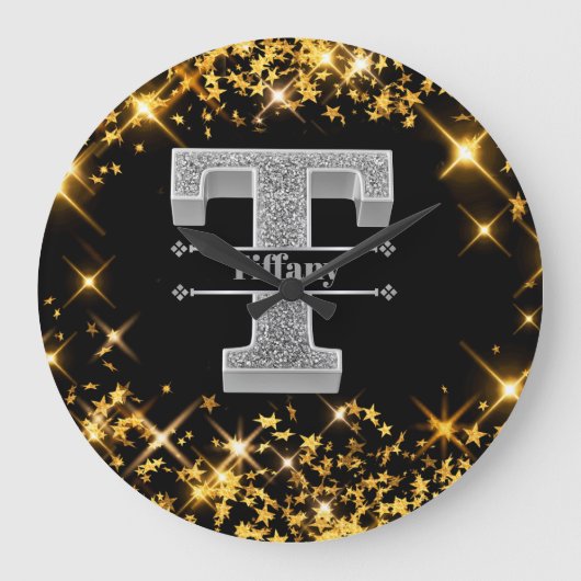 Tイニシャルパーソナライズされたシルバーモノグラムあなたの名前 ラージ壁時計 (正面)