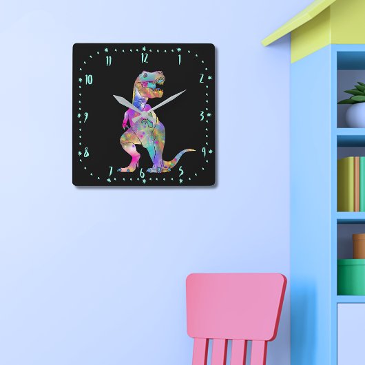 Tカラフルレックス怖いジュラ紀恐竜の芸術 スクエア壁時計