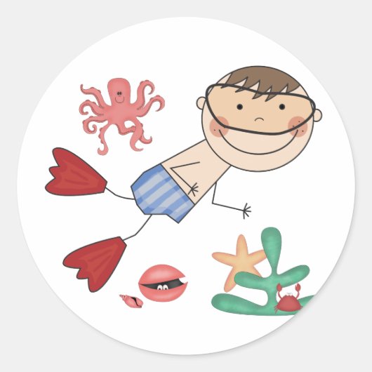 Tシャツとギフトを泳ぐ少年 ラウンドシール (正面)