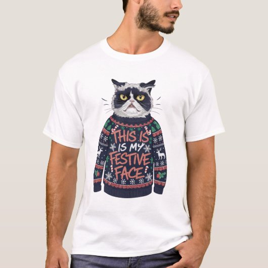 Tシャツの醜いクリスマスセーター猫 Tシャツ (正面)