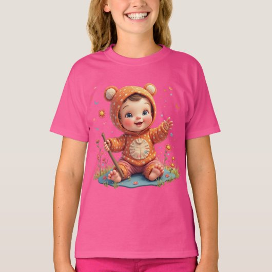 Tシャツよくはしゃぐキャラクターデザイン子供へ Tシャツ (正面)