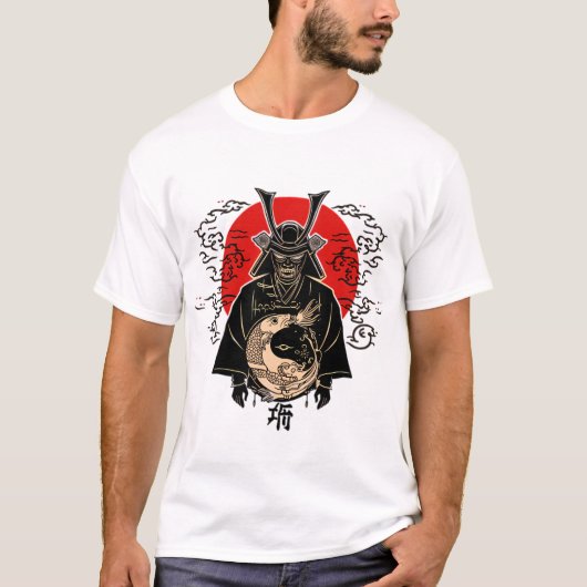 Tシャツサムライと日の出 - 日本の芸術イラスト Tシャツ (正面)
