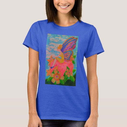 Tシャツバタフライブルー、蝶の花 Tシャツ (正面)