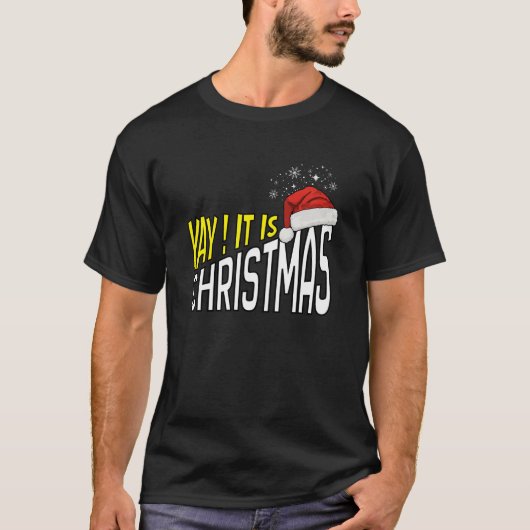 Tシャツ：やった！クリスマスだ (黒) Tシャツ (正面)