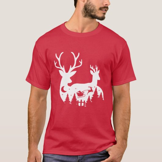 Tシャツ:クリスマストナカイとサンタ(赤) Tシャツ (正面)