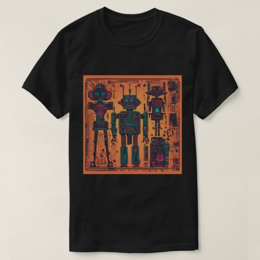 Tシャツ、ブラック、ロボットプリント Tシャツ (デザイン正面)