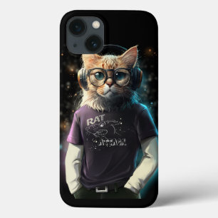 Tシャツ、ヘッドフォン、メガネの猫 iPhone 13ケース