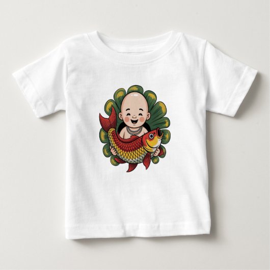 Tシャツ | ラッキーな鯉を持つかわいい少年 (正面)