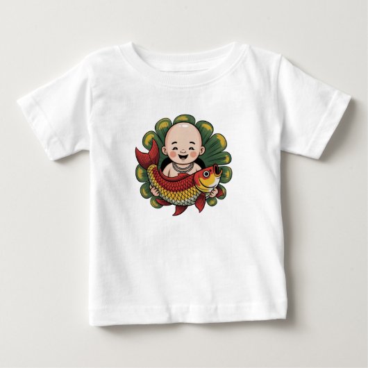 Tシャツ | ラッキーコイを持つかわいい少年 (正面)