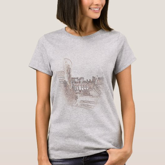 Tシャツ - 桟橋に座るペリカンのビネット (正面)