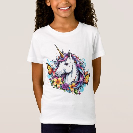 Tシャツ – 蝶と美しいユニコーン,花 (正面)