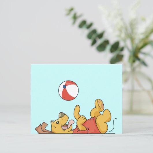 Tシャ遊ツを着た犬と贈り物 ポストカード (スタンド正面)