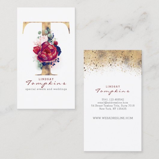 Tモノグラムブルゴーニュ金ゴールドとネイビーブルーフローラ 名刺 (正面/裏面)