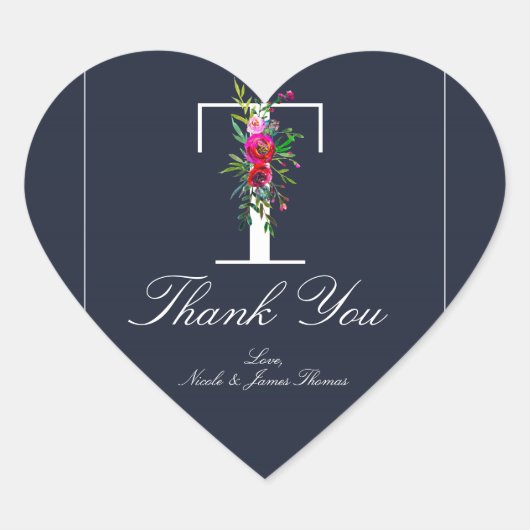 Tモノグラムラストイニシャルモダンブルーフローラ結婚ズ ハートシール (正面)