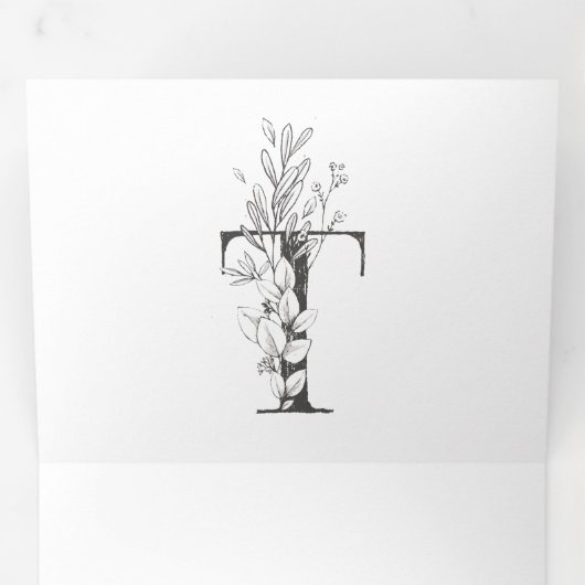 'T'モノグラム美しいスケッチフローラ結婚's 三つ折り招待状 (内部最初)