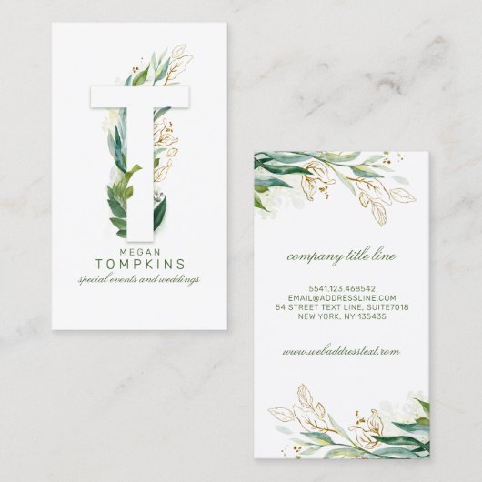 Tレターモノグラム金ゴールド離れ緑 名刺 (正面/裏面)