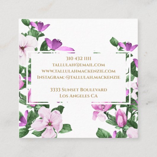 Tレター金ゴールドモノグラム白マゼンタ紫フローラ スクエア名刺 (裏面)