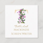 Tレター金ゴールドモノグラム白マゼンタ紫フローラ スクエア名刺 (正面)