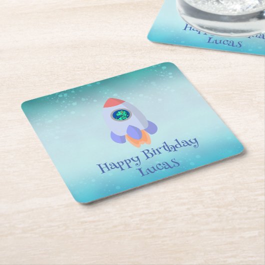 Tレックスおもしろいロケット学校キッド誕生日 スクエアペーパーコースター (アングル)