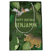 Tレックスと他の恐竜のかわいいハッピーバースデー ミディアムペーパーバッグ (正面)