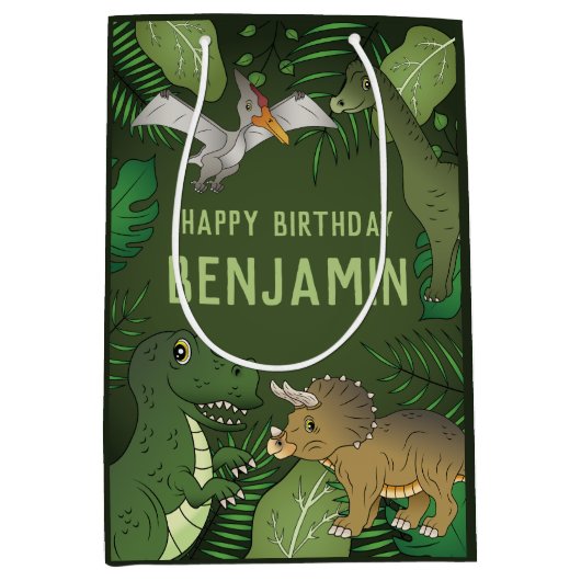 Tレックスと他の恐竜のかわいいハッピーバースデー ミディアムペーパーバッグ (正面)