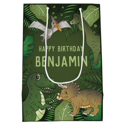 Tレックスと他の恐竜のかわいいハッピーバースデー ミディアムペーパーバッグ (裏面)