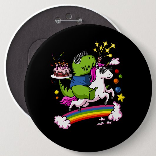 Tレックスの恐竜の乗馬のユニコーンの誕生会 缶バッジ (正面&裏面)